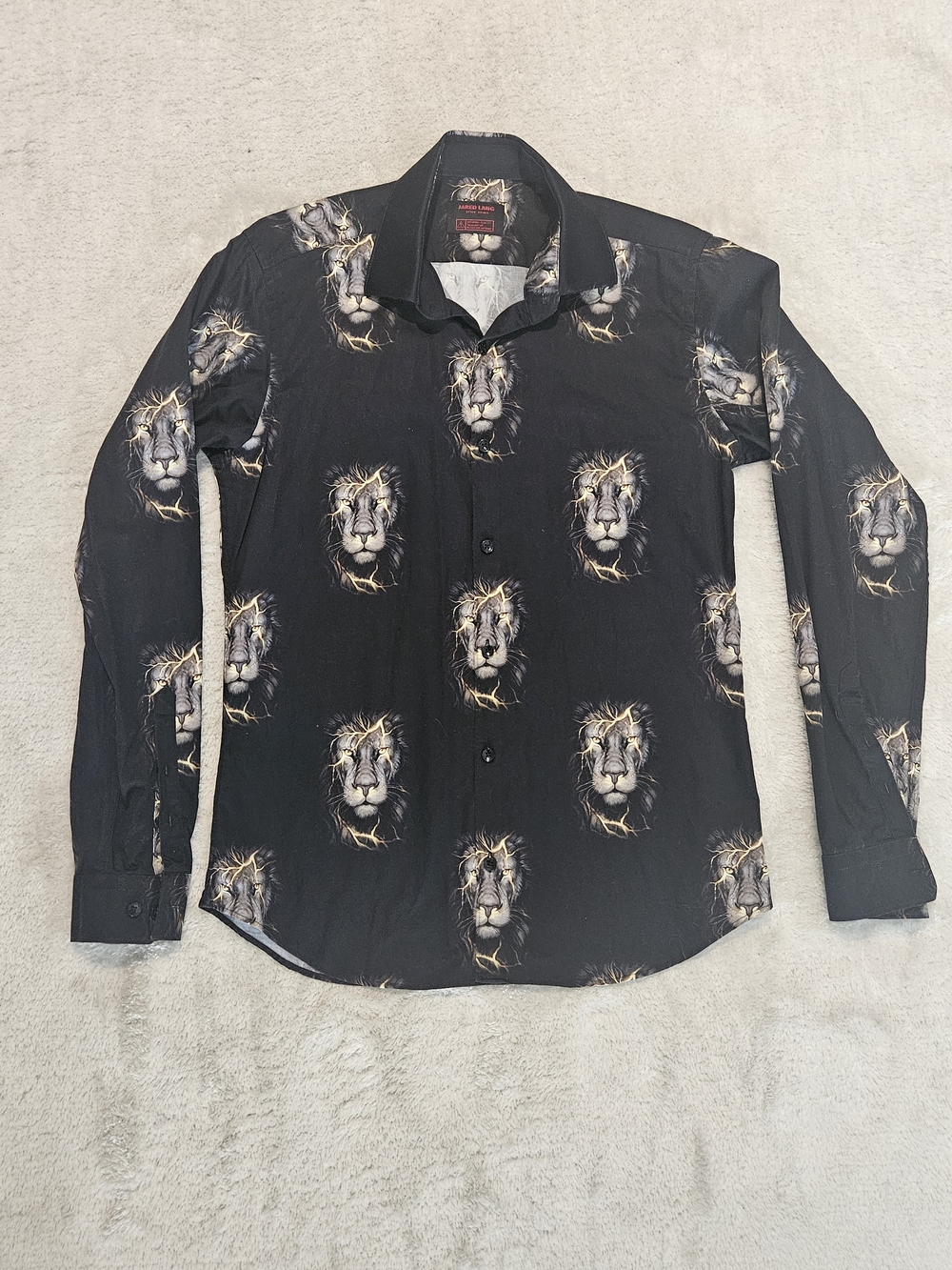 NEW Jared Lang Black Men's Long-Sleeve Lion Animal Print Button-Up Shirt Luxury - Picture 2 of 9